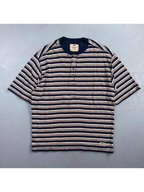 Vintage 90s LEVIS Shirt STRIPE KNIT HENLEY White Blue W/copper Buttons Men’s L